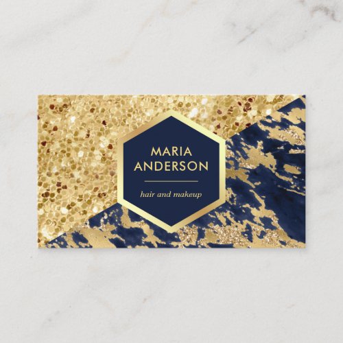 Gold Glitter Navy Blue Marble Makeup Artist Business Card