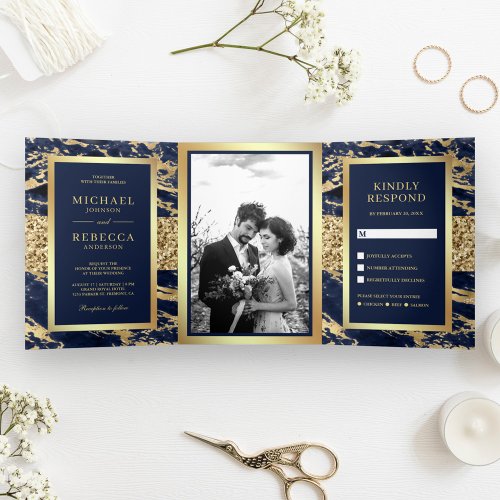 Gold Glitter Navy Blue Marble Photo Wedding Tri_Fold Invitation