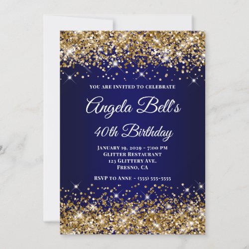 Gold Glitter Navy Blue Monogram 40th Birthday Invitation