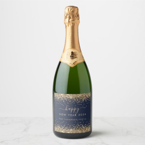 Gold Glitter Navy Blue Name Happy New Year 2024 Sparkling Wine Label