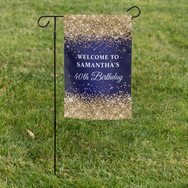 Gold Glitter Navy Blue Ombre 40th Birthday Garden Flag (In SItu)