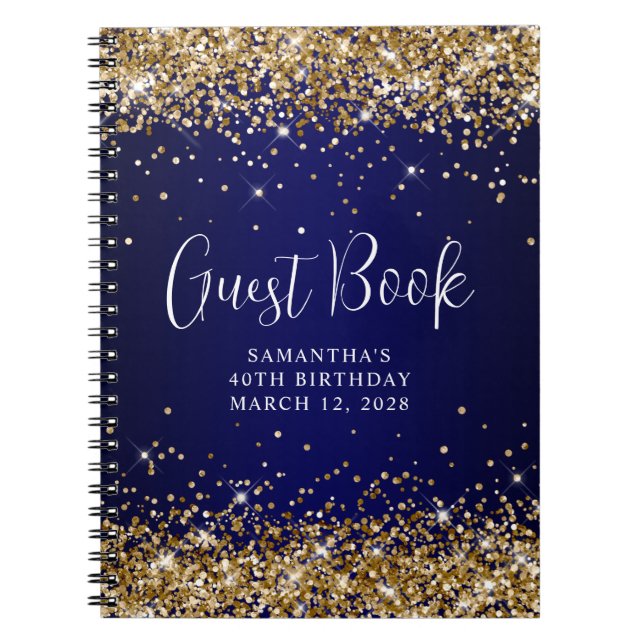 Gold Glitter Navy Blue Ombre 40th Birthday Guest Notebook (Front)