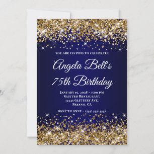 Gold Glitter Navy Blue Ombre 75th Birthday Invitation