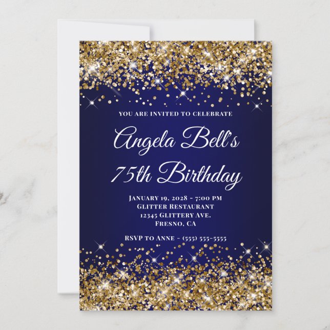 Gold Glitter Navy Blue Ombre 75th Birthday Invitation (Front)