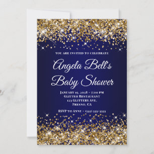 Gold Glitter Navy Blue Ombre Baby Shower Invitation