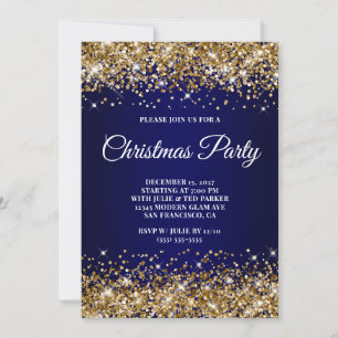 Gold Glitter Navy Blue Ombre Christmas Party Invitation