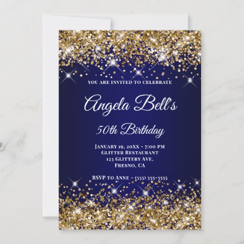 Gold Glitter Navy Blue Ombre Fancy Monogram Invitation