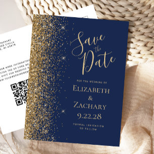 Gold Glitter Navy Blue QR Code Save the Date Announcement Postcard