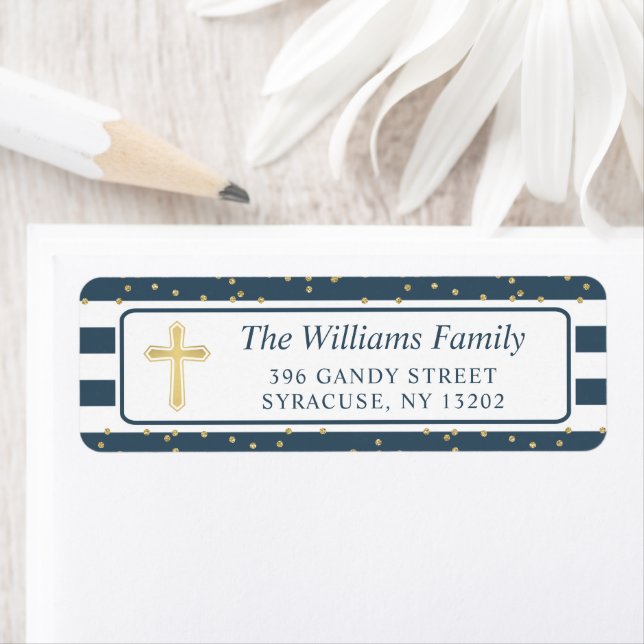Gold Glitter Navy Blue Religious Return Address Label (Insitu)