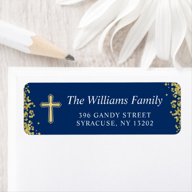 Gold Glitter Navy Blue Religious Return Address Label (Insitu)