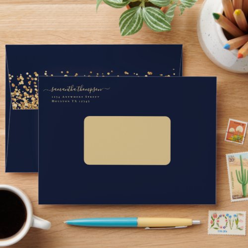 Gold Glitter Navy Blue Script Name Return Address Envelope