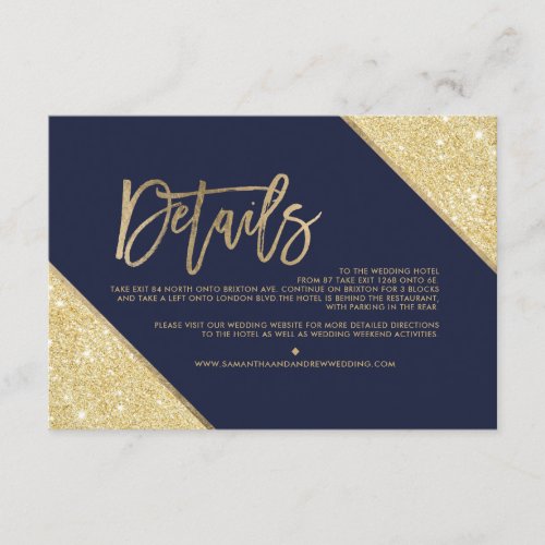 Gold glitter navy blue script wedding direction enclosure card