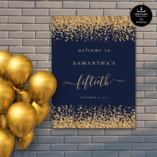 Gold Glitter Navy Blue Script Welcome 50th Party Poster