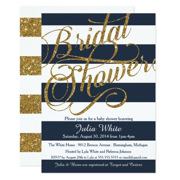 Gold Glitter Navy Blue Strip Shower Invitation