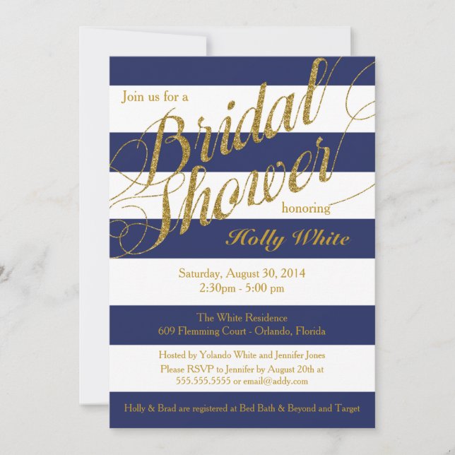 Gold Glitter & Navy Blue Stripe Shower Invitation (Front)