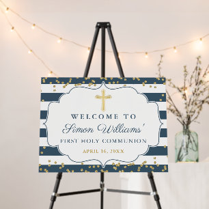 Gold Glitter Navy Blue Stripes First Communion Foam Board