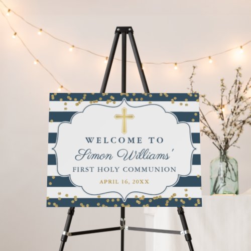 Gold Glitter Navy Blue Stripes First Communion Foam Board