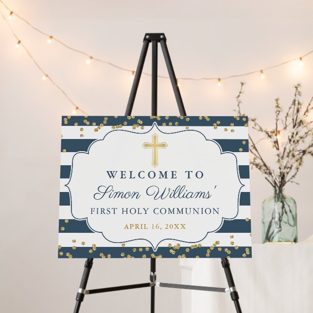 Gold Glitter Navy Blue Stripes First Communion Foam Board (In Situ (Stand))