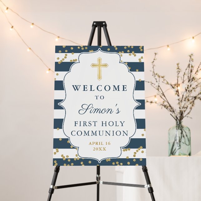 Gold Glitter Navy Blue Stripes First Communion Foam Board (In Situ (Stand))