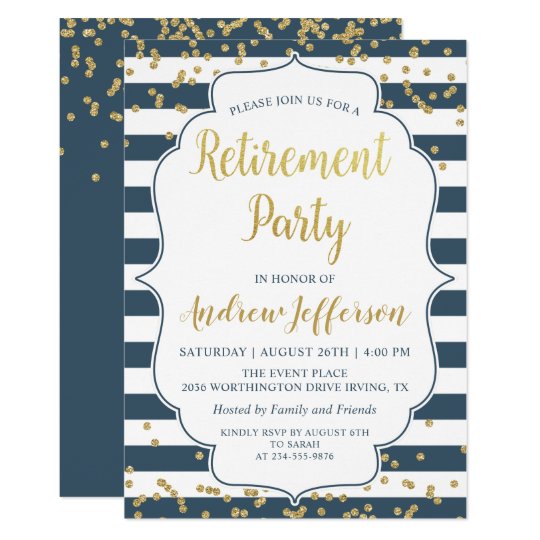 Gold Glitter Navy Blue Surprise Retirement Party Invitation | Zazzle.com