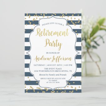 Gold Glitter Navy Blue Surprise Retirement Party Invitation | Zazzle