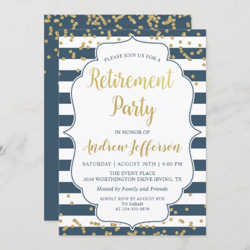 Gold Glitter Navy Blue Surprise Retirement Party Invitation