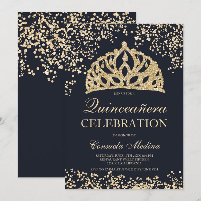 gold glitter navy blue tiara Quinceañera Invitation (Front/Back)