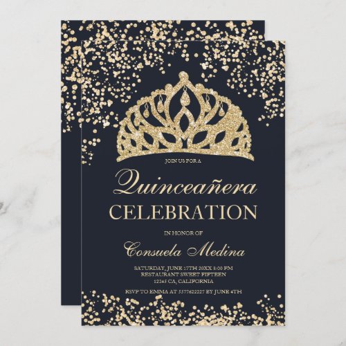gold glitter navy blue tiara Quinceaera Invitation
