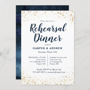 Gold Glitter Navy Blue Watercolor Rehearsal Dinner Invitation
