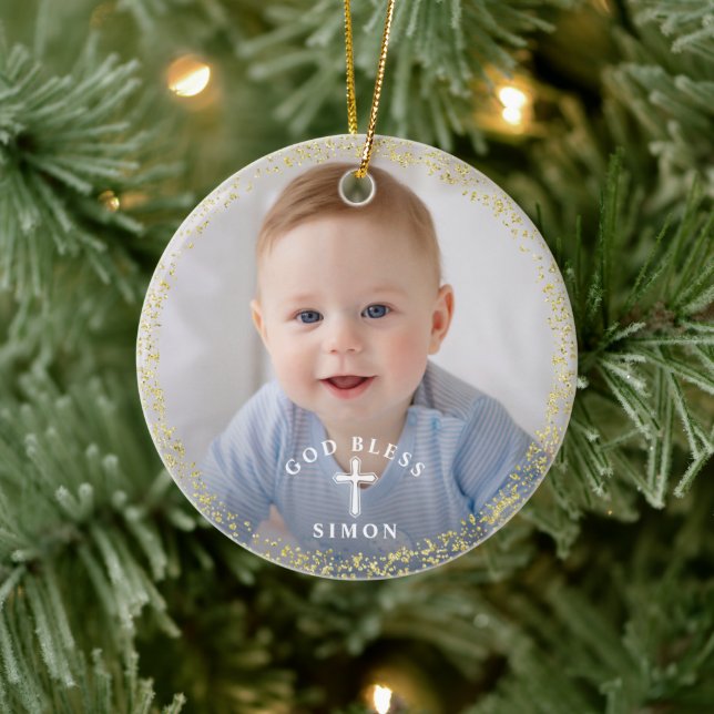Gold Glitter Navy Blue Wreath Baptism Photo Ceramic Ornament (Tree)