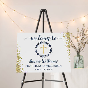 Gold Glitter Navy Blue Wreath First Holy Communion Foam Board