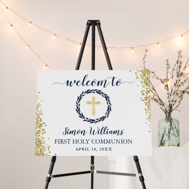 Gold Glitter Navy Blue Wreath First Holy Communion Foam Board (In Situ (Stand))