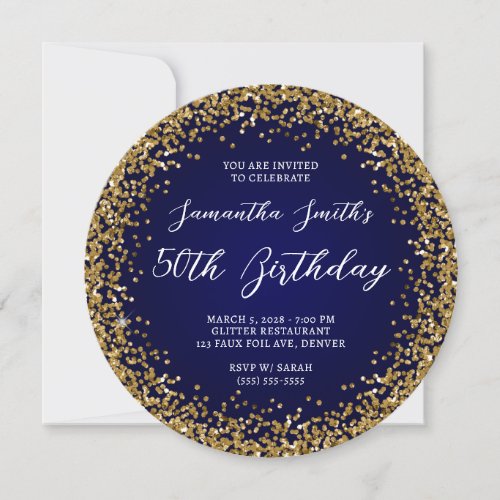 Gold Glitter Navy Ombre 50th Birthday Invitation