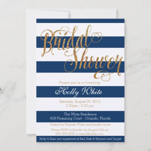 Gold Glitter Navy Stripe Bridal Shower Invitation