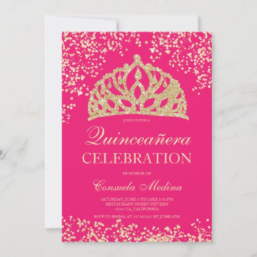 gold glitter neon pink crown tiara Quinceaera Invitation