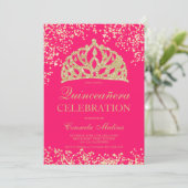 gold glitter neon pink photo tiara Quinceanera Invitation (Standing Front)
