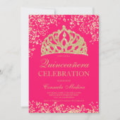 gold glitter neon pink photo tiara Quinceanera Invitation (Front)