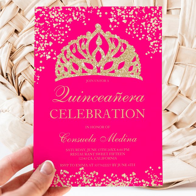 gold glitter neon pink photo tiara Quinceanera Invitation
