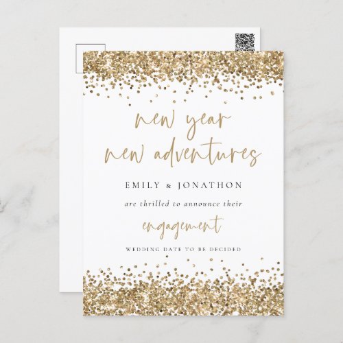 Gold Glitter New Year Adventures White Engagement Postcard