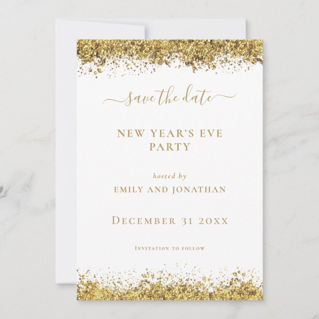 Gold Glitter New Year Eve Party Save the Date card (Front)