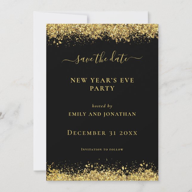 Gold Glitter New Year Party Black Save Date card (Front)