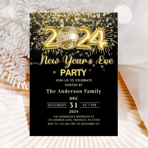 Gold Glitter New Years Eve Party 2024 Invitation