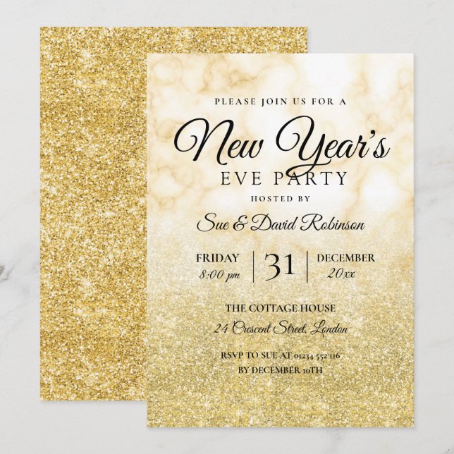Gold Glitter New Years Eve Party Marble Invitation (Front/Back)
