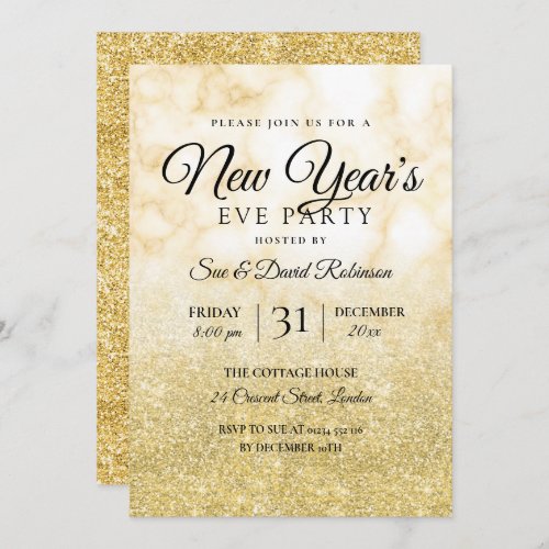 Gold Glitter New Years Eve Party Marble Invitation