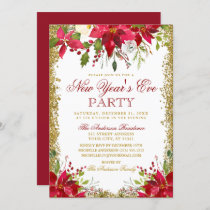Gold Glitter New Years Party Floral Red Poinsettia Invitation