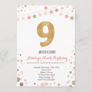 Gold Glitter Ninth Birthday Invitation