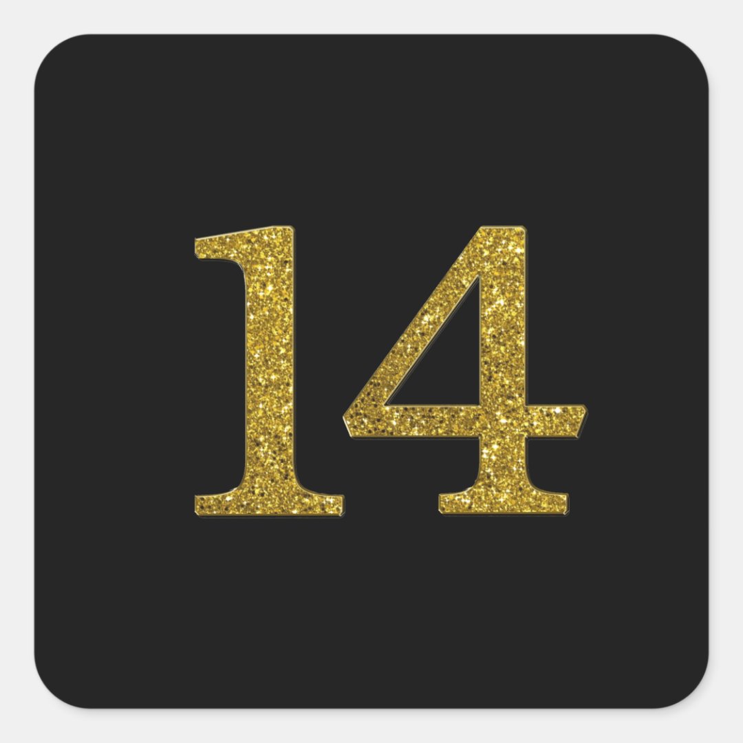 Gold Glitter Number 14 wide font Square Sticker | Zazzle