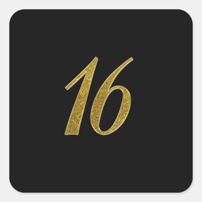 Gold Glitter Number 16 Square Sticker (Front)