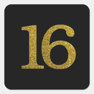 Gold Glitter Number 16 Wide Font Square Sticker