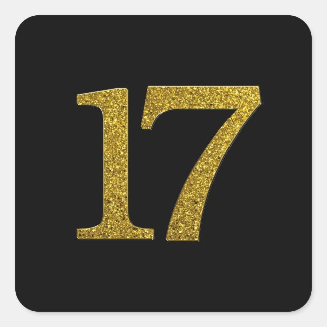 Gold Glitter Number 17 Wide Font Square Sticker (Front)